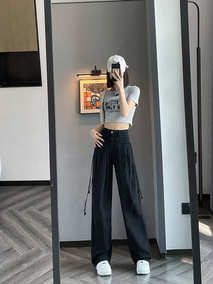 New Wide Leg Straight Jeans Women Boyfriend Baggy High Waist Full Length Denim Pants 2023