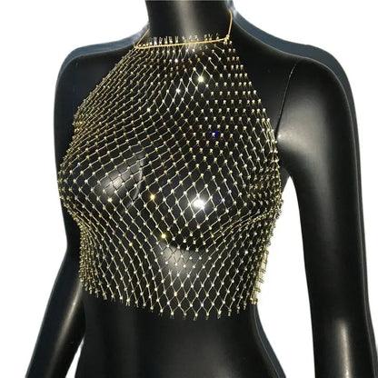 Camisola Sexy sin mangas con cuello Halter y diamantes de imitación para mujer, camisola lisa sin mangas transparente de rejilla con realce y espalda descubierta, camisola recortada para fiesta