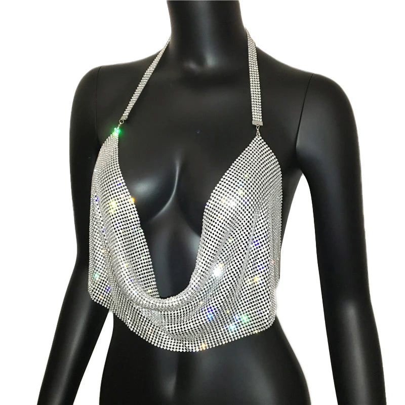 Y2K Shiny Rhinestone Sexy Deep V Mini Camisole Bar Nightclub Party Hot Girls Clothes Metal Mesh See-through Ultrashort Crop Top