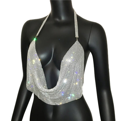 Mini camisola Y2K con diamantes de imitación brillantes, Sexy, con escote en V profundo, para Bar, fiesta en club nocturno, ropa para niñas, Top corto transparente de malla metálica