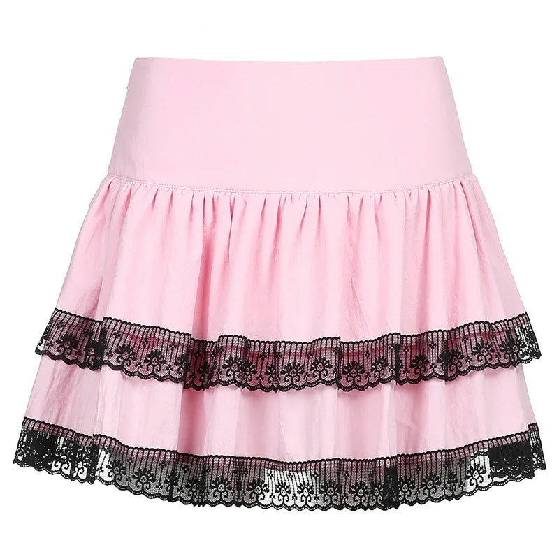 Vintage Gothic Skirt New Women's Academy Style Pink Double Lace Stitched A-word Harajuku Skirt