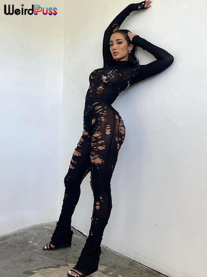 Weird Puss Sexy Hollow Jumpsuit Women Knit Hipster Long Sleeve Fitness Thin Zip Skinny Solid Midnight Workout Clubwear Overalls