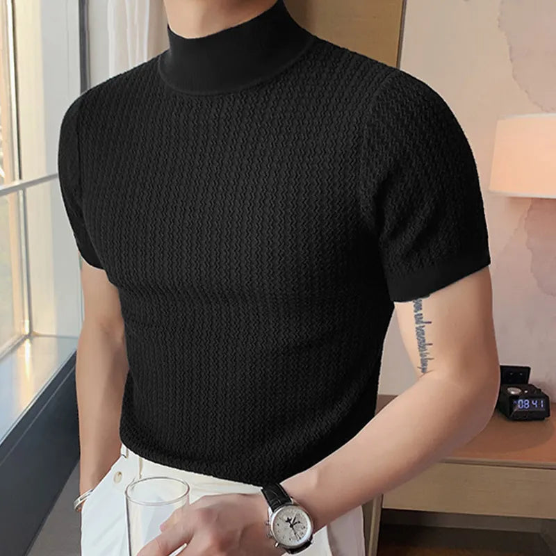 2023 Summer Tight Knited T-shirt Casual Streetwear High-neck Solid Color Short-sleeved Bottoming Tees S-3XL Luxury Clothing