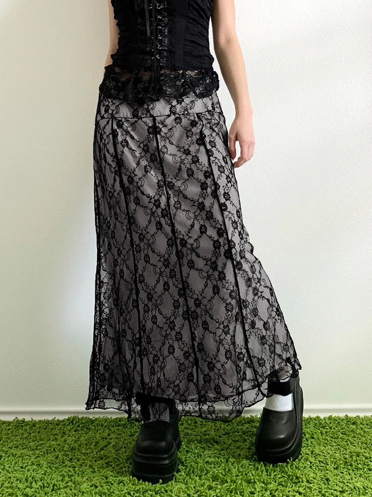 Weekeep Fairycore Stitched Lace Floral Skirt Harajuku Patchwork Loose Long Skirts 2023 Autumn y2k Aesthetic Women Clothing Basic