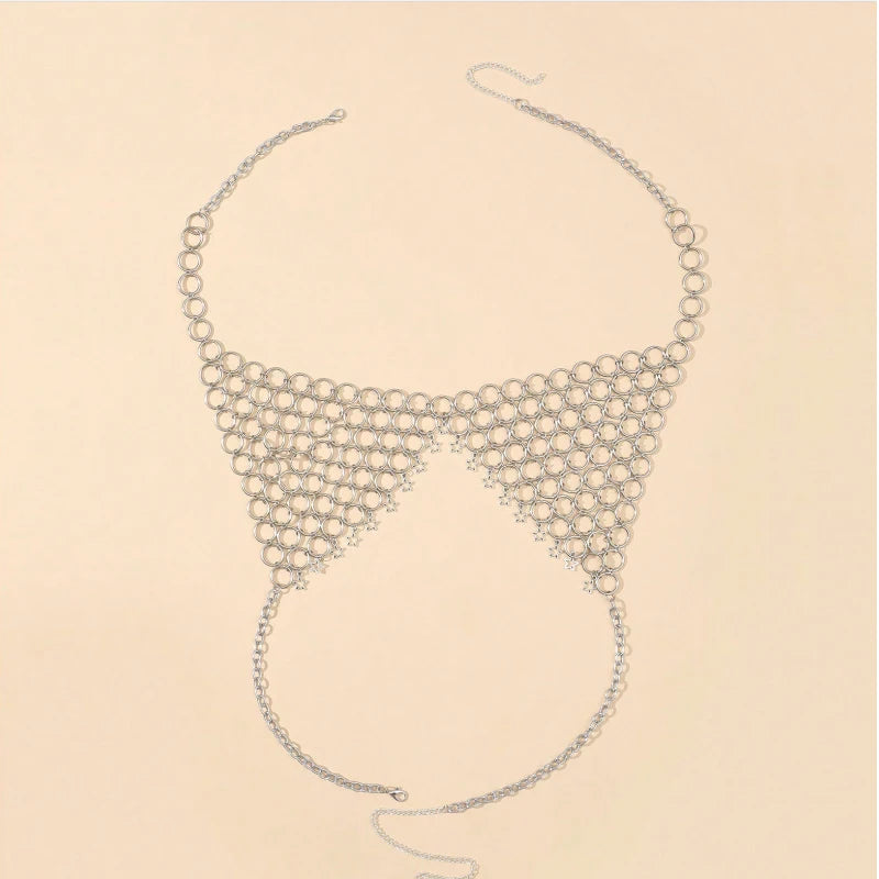 Tops góticos con anillo metálico para mujer, Tops con cuello Halter, sujetador Sexy con colgante de estrellas, Top corto supercorto, camisola Punk con cadena en el pecho para fiesta Rave