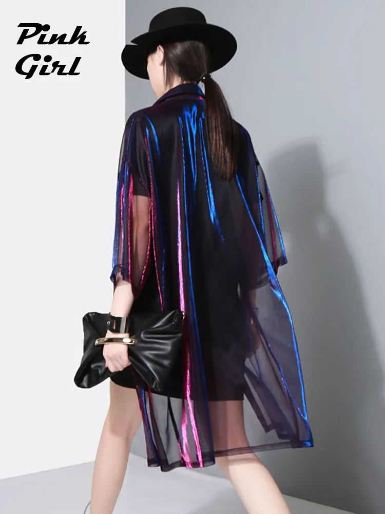 Y2K Holographic Colorful Loose Long Shirt Women Harajuku See-through Sunscreen T-shirt Female Fashion Streetwear Casual Blouses