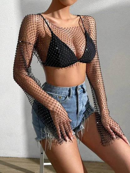 Women See Through Mesh Diamonds T Shirt Sexy Hollow Out Fishnet Rhinestone Full Sleeve Loose Tops Beach Party Bikini Cover Up