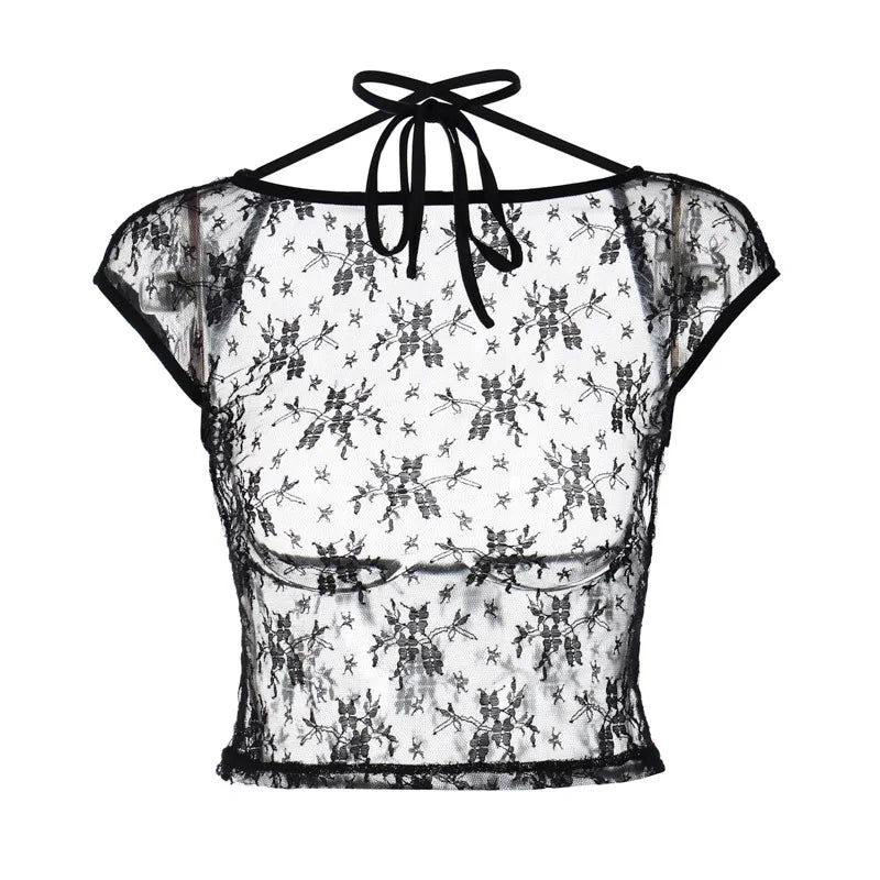 124 Lace Halter Crop Top Black Backless See Through Y2K Sexy T Shirt Women Slim Tees 2023 Summer