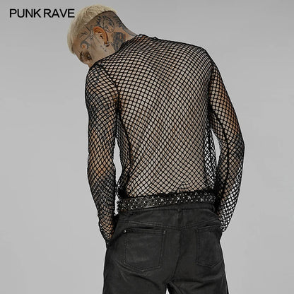 PUNK RAVE Men's Punk Sexy Gauze Rough Edges Slim T-shirt Long Sleeve Black Tops Spring and Summer T Shirts for Men