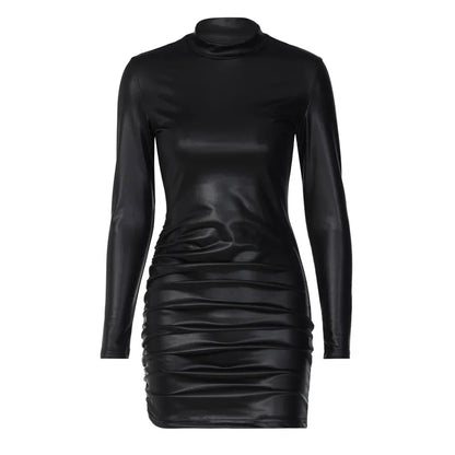 Women Long Sleeve Pu Faux Leather Bodycon Dresses Sexy Y2K Clothes O-Neck Mini Dresses Club Party Elegant Streetwear 718