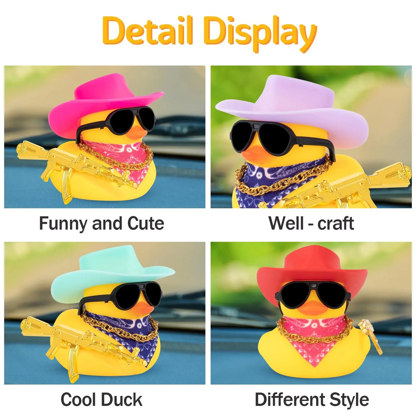 Rubber Duck Car Ornaments Duck Car Dashboard Decorations for Cool Car Accessories with Cowboy Hat Necklace and Sunglasses