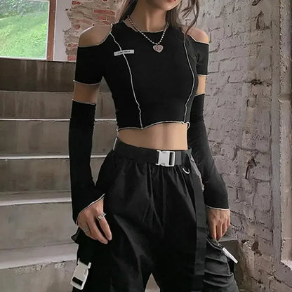 Patchwork Black T-shirts Gothic One Shoulder Sleeve Y2k Crop Tops Hip Hop Techwear Women Clothes Tees Graphic T Shirts Harajuku