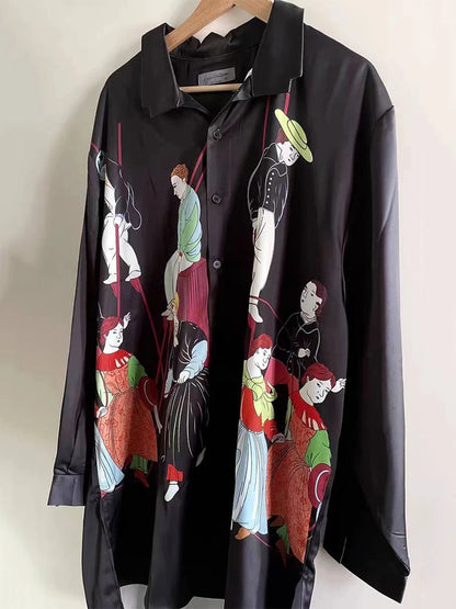 Camisas con estampado Rokumeikan, camisas de diseño de lujo yohji yamamotos, yohji de gran tamaño para mujer y3 chemise homme, camisa negra original