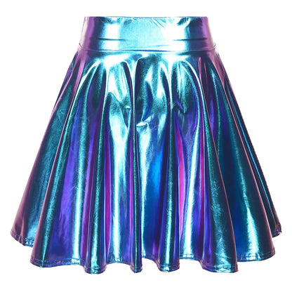 Womens Shiny Metallic Ruffle Glossy Mini Skirts Punk Party Clubwear Streetwear High Waist Flare Skirt Rave Cocktail Costume