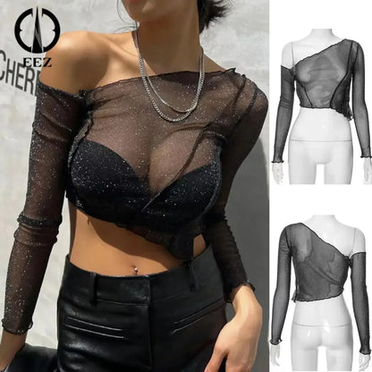 Black Sparkly Mesh Slant Shoulder Irregular Y2k Crop Top Women Sexy See-through Long Sleeve T Shirt Summer Coquette Streetwear