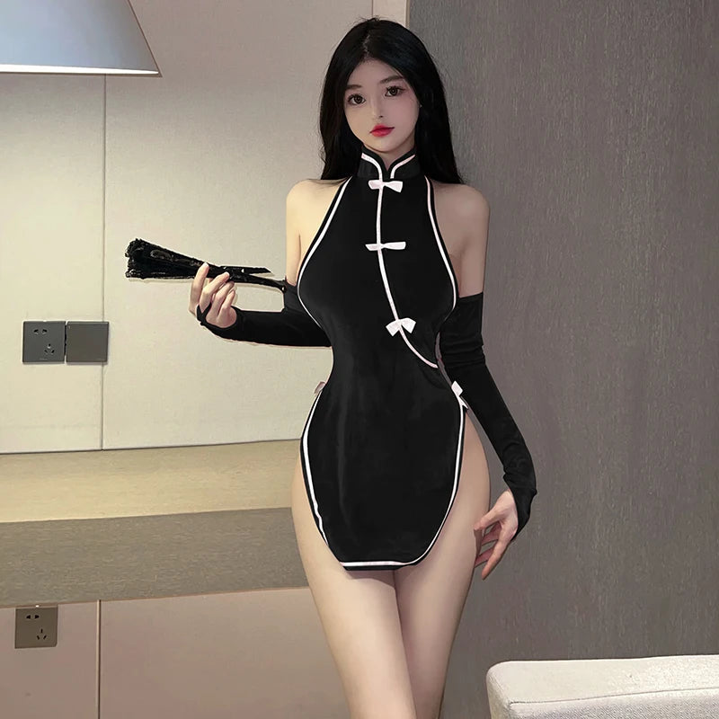 Sexy Lingerie Cosplay Costume Velvet Cheongsam with Arm Sleeves Female Pajamas Night Club Performance Dress Wear for Women Girls