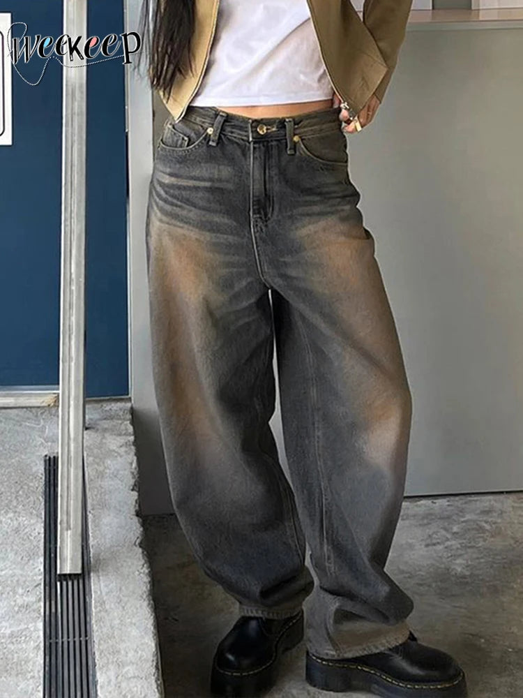 Weekeep y2k Grunge Baggy Mom Jeans 2000s Retro Low Rise Wide Leg Denim Casual Pants Women Oversized Cargo Pants Streetwear Basic