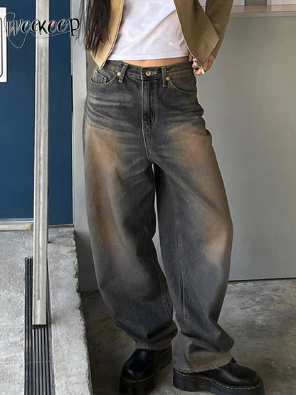 Weekeep y2k Grunge Baggy Mom Jeans 2000s Retro Low Rise Wide Leg Denim Casual Pants Women Oversized Cargo Pants Streetwear Basic