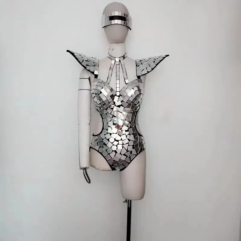 Mirror Bodysuit Women Dance Costume GoloSilver Sequins Fly Shoulder Hollow Out RaveOutfit Stage Performance Clothes Gogo Show