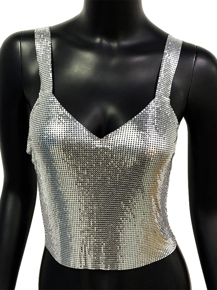 Débardeur gothique à paillettes en métal pour filles, tenues de fête, Festival de musique Rave, gilet dos nu pour femmes, Sexy, coupe basse, col en v, hauts courts