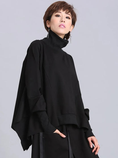 [EAM] Women Black Irregular Casual T-shirt New Turtleneck Batwing Sleeve Loose Fit Fashion Tide Spring Autumn 2024 1DF5328