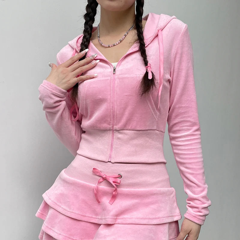 Y2K Pink Zipper Cropped Jacket Sweet Women Hoodies and Layered Skirt Kawaii Girl Outfit Autumn Winter Casual Coquette Streetwear