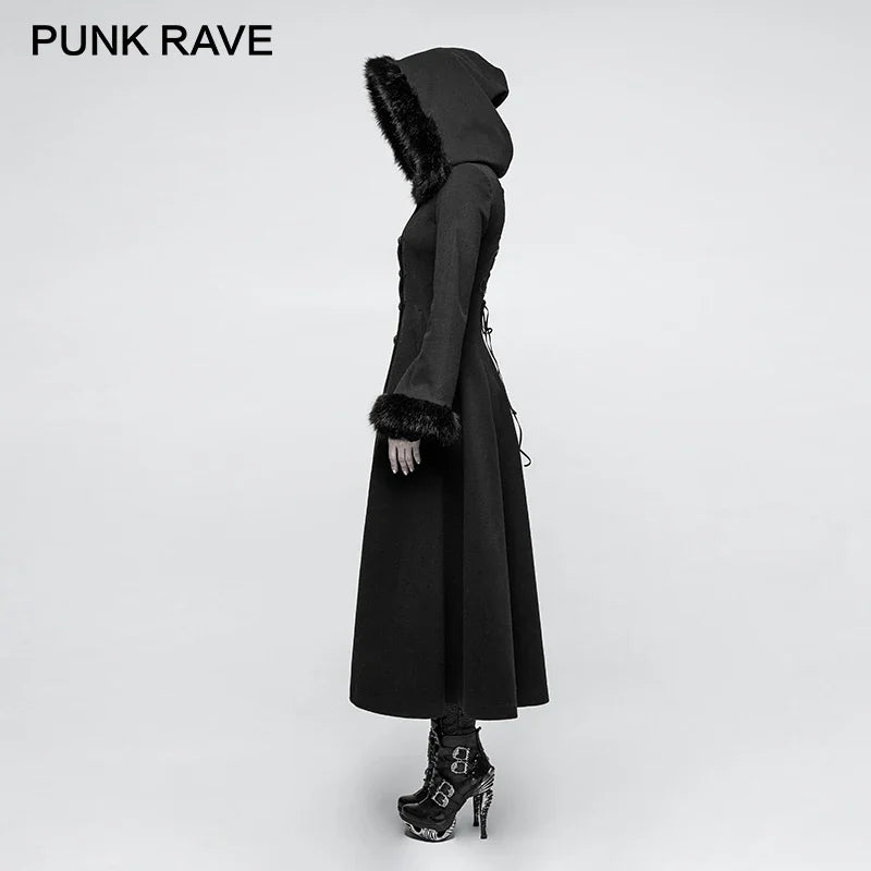 PUNK RAVE New Designs Gothic Winter Coat Women Black Disc Flowers Long Worsted Hood Female Coats Embroidery Raincoat Autumn