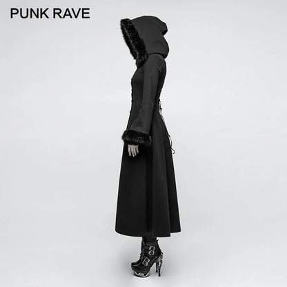 PUNK RAVE New Designs Gothic Winter Coat Women Black Disc Flowers Long Worsted Hood Female Coats Embroidery Raincoat Autumn