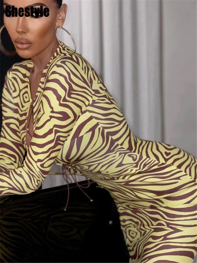 Shestyle Zebra Print Yellow Pencil Long Dresses Women V Neck Corss Hollow OUt Bandage Sexy Bodycon Party Wear Christmas Outfit