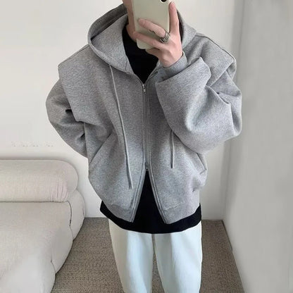 Black Gray Shoulder Pad Hoodie Men's Fashion Casual Cardigan Sweatshirt Men Korean Loose Zipper Hooded Jacket Unisex Trend Coat