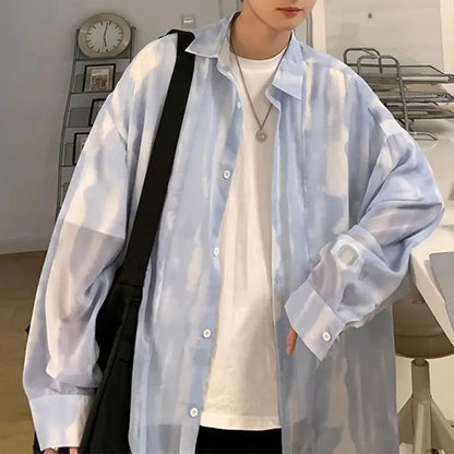 New Y2k See-through Lapel Top Men's Trendy High Street Loose Chiffon Shirt Thin Section Casual Oversized Long-sleeved Shirt Coat