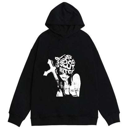 Unisex Harajuku Graphic Print Rock Gothic Y2K Hooded Sweatshirt Fashion Casual Oversize Punk Hoodie Top Retro Hip Hop Pullover