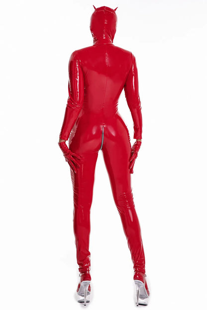 Women's Wet Look Shiny PU Faux Leather Jumpsuit Suit Long Sleeve Zipper Open Crotch Latex Bodysuit Clubwear Plus Size