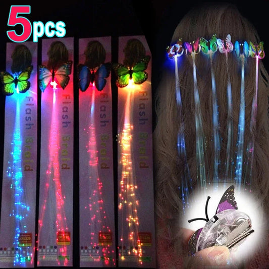 1-5 uds. Pinzas para el cabello LED para niñas, horquillas para el cabello trenzadas con luz de mariposa, horquillas para festivales, pasadores brillantes, peluca de cabello Flash para Cosplay de fiesta