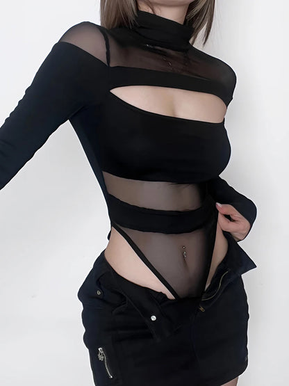 Weekeep Sexy Hollow Out Black Bodysuit Women Solid Full Sleeve See Through Mesh Patchwork Bodycon Jumpsuit Fall Clubwear Outfits