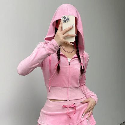 Veste courte à fermeture éclair rose Y2K, sweat à capuche pour femme et jupe superposée, tenue Kawaii pour fille, automne hiver, Coquette décontractée, Streetwear