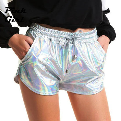 Short métallique brillant pour femmes, Look mouillé holographique, décontracté, solide, élastique, cordon de serrage, Festival Rave, butin, nouvelle collection été 2022