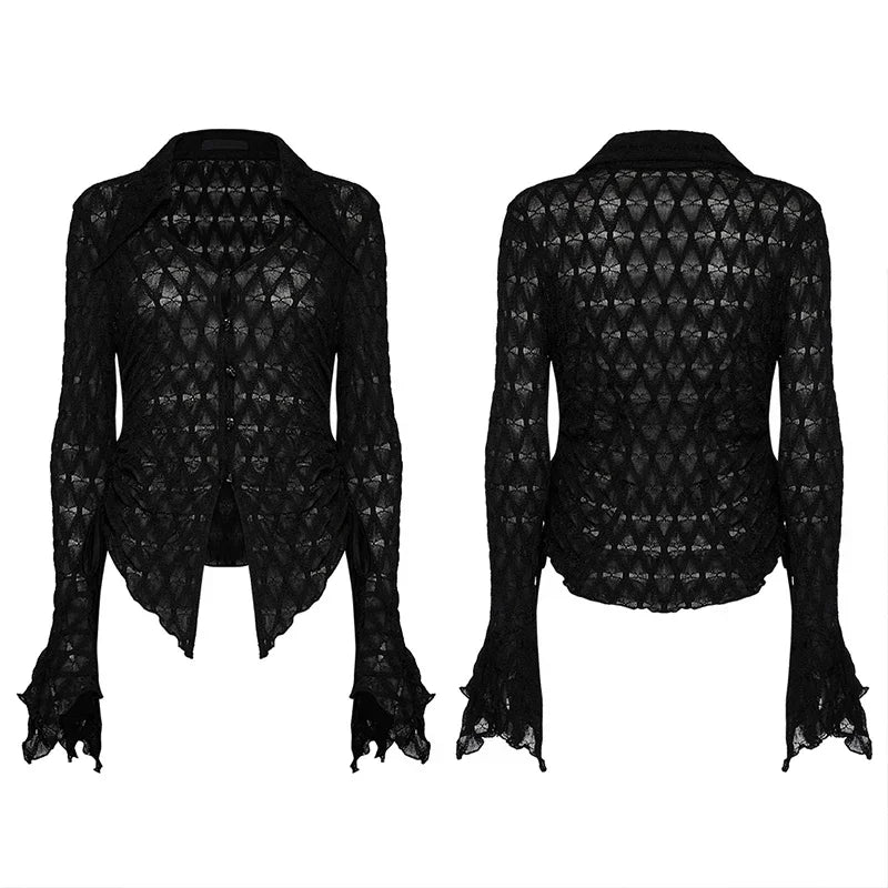 PUNK RAVE Women's Dark Gothic Side Drawstring Knitted Sunproof Cardigan Flared Sleeves Casual Tops Shirt Women Clothes