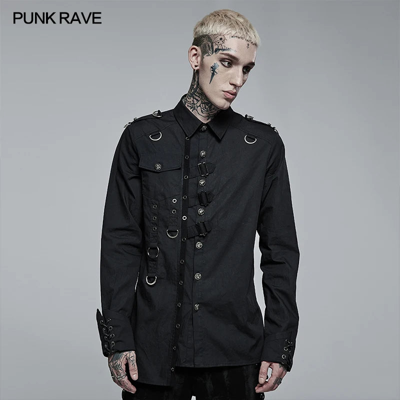 PUNK RAVE Men's Punk Personality Asymmetric Shirt Soft Slim Cool Men Clothing Four Seasons Casual Black Shirts