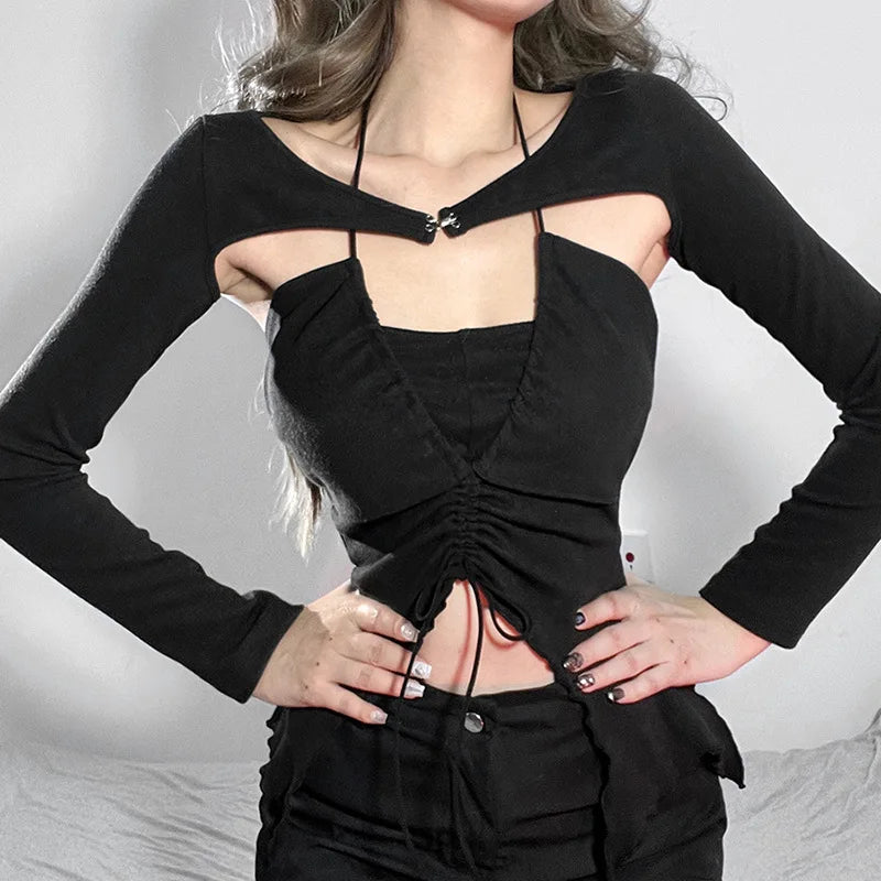 Y2K Autumn Halter T-shirt Mesh Long Sleeve Backless Crop Top Female Zip Up Slim Fit Tee Sexy Women 90s Aesthetic Streetwear