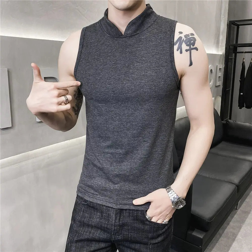 Men's Summer Sexy Vest Small High Collar Breathable Sports Fitness Bottom Undershirt Sexy Slim Fit Tight Sleeveless Top T-Shirt