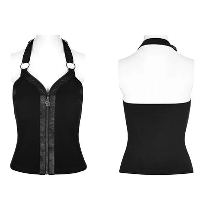 PUNK RAVE Women's Gothic Crack PU Leather Camisole Simple Adjustable Button on The Shoulder Fashion Sexy Women Vest Tops