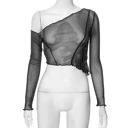 Black Sparkly Mesh Slant Shoulder Irregular Y2k Crop Top Women Sexy See-through Long Sleeve T Shirt Summer Coquette Streetwear