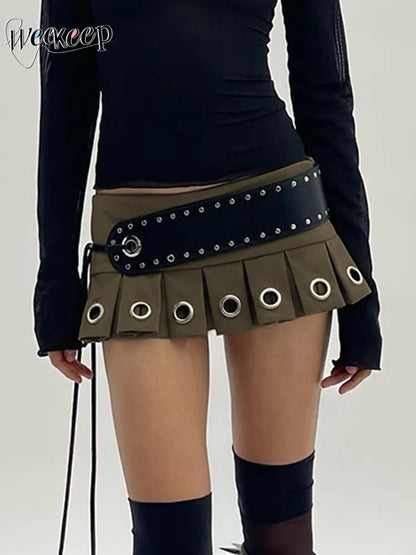 Weekeep – Mini jupe plissée Punk taille basse Y2k avec ceinture en PU, jupe Super courte, Sexy, Vintage Grunge des années 2000, tenues pour femmes, automne