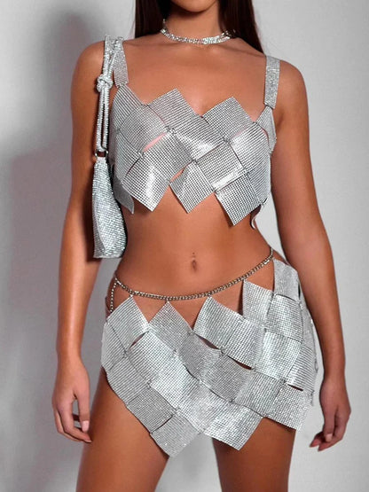 Nouveau Losange À Carreaux Paillettes Épissage Débardeur Wrap Hanche Jupe 2 Pièces Ensemble Femmes Boîte De Nuit Paillettes Strass Tenues Y2K Costume Sexy