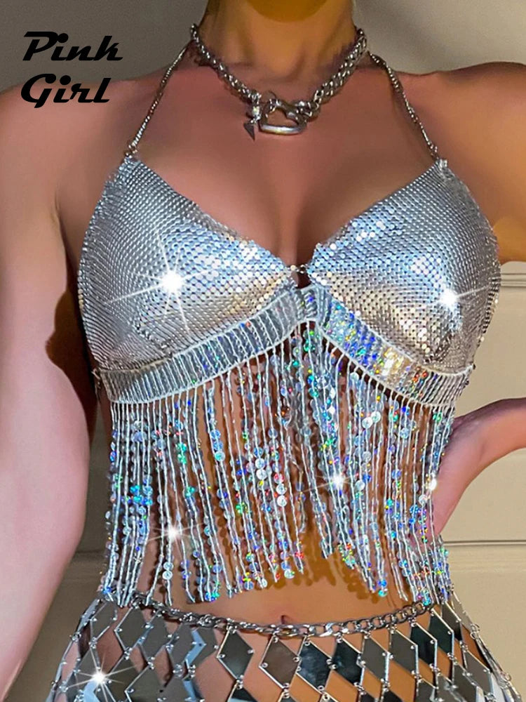 Women Sexy Low Cut Metal Sequined Halter Tank Top Nightclub Party Backless Tassel Sequins Crop Tops Spice Girl Rave Camisole New