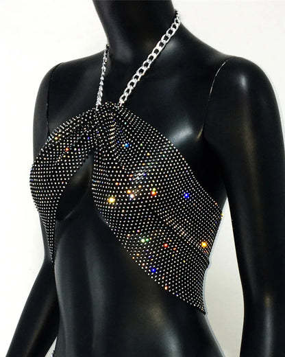 Shiny Rhinestone Fishnet Party Camisole For Women Sexy Metal Halter Neck Hollow See Through Mesh Tank Top Nightclub Crop Tops