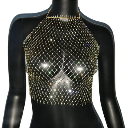 Camisola Sexy sin mangas con cuello Halter y diamantes de imitación para mujer, camisola lisa sin mangas transparente de rejilla con realce y espalda descubierta, camisola recortada para fiesta