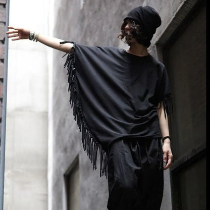 2024 New Men T Shirt Tassel Solid Color Cloak Punk Style Streetwear Fashion Irregular Tops O-neck Loose Casual Cape Camisetas