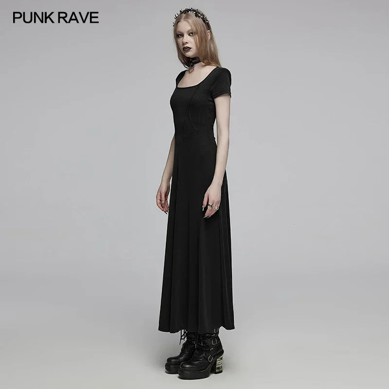 PUNK RAVE femmes gothique quotidien encolure carrée manches courtes une ligne longue robe Structure Segmentation décontracté noir